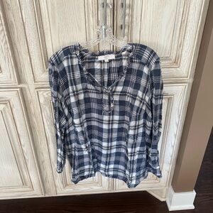 LOFT Plus plaid top With Tie Neck and Long Sleeves